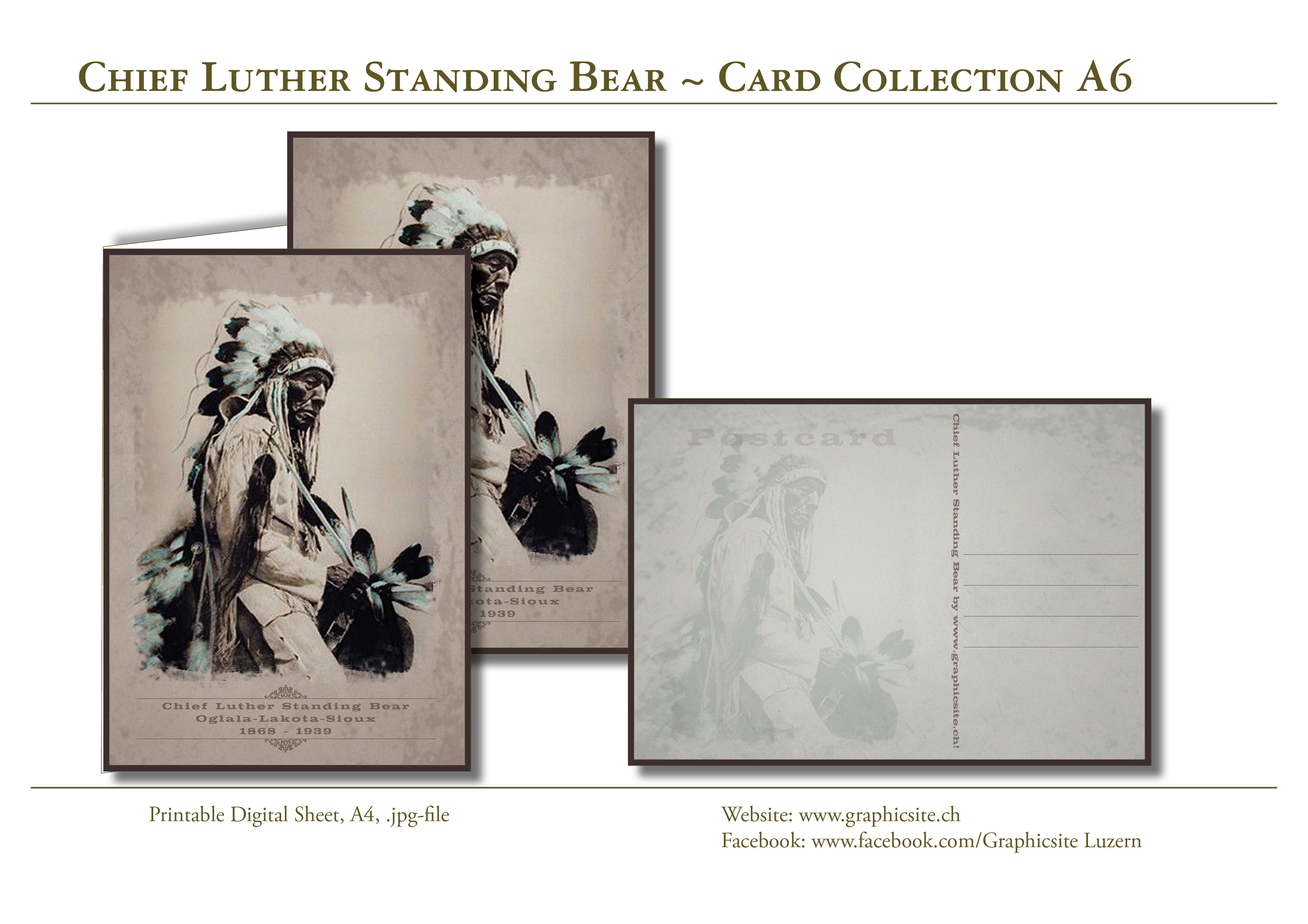 Printable Digital Sheets - Card Collection A6, Greeting Card, Postcard, Native American Indian, Chief, Standing Bear, Graphic Design, Luzern,